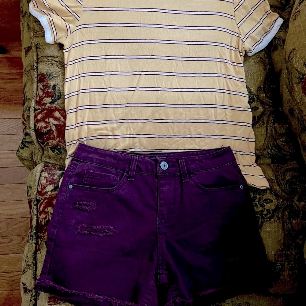 Girl’s denim shorts & top outfit.  Top L, shorts, Size 7, wine or burgundy denim
